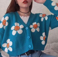 Harajuku Kawaii Fashion Retro Oversized Flower Cardigan (4 Colors) SIZE INFO One Size - Bust 124cm/48.8", Length 48cm/18.9" NOTE: DUE TO VERY HIGH DEMAND, PLEASE ALLOW 12-20 DAYS FOR DELIVERY. Sweater Aesthetic, Soft Knit Cardigan, Style Kawaii, Urban Fashion Trends, Harajuku Outfits, Blue Knit Sweater, Long Sleeve Knitted Cardigan, Floral Sweater, Wardrobe Outfits