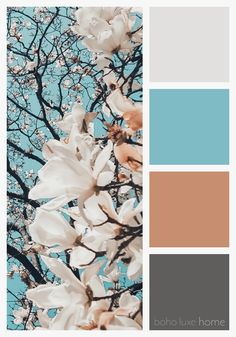 a tree with white flowers and blue sky in the background is featured in this color palette