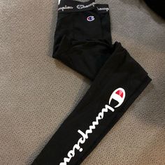 Nwot Never Worn Champion Leggings Black Full Length Bottoms With Letter Print, Fitted Black Sweatpants With Letter Print, Black Full-length Cotton Leggings, Full-length Black Cotton Leggings, Black Full Length Cotton Leggings, Full Length Black Cotton Leggings, Fitted Black Leggings With Letter Print, Black Cotton Athleisure Leggings, Champion Pants