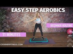 a woman standing on top of a blue mat with the words easy step aeroics