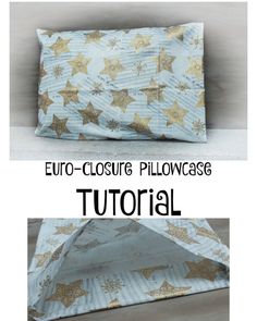 the instructions for how to make a pillow case with gold stars on white fabric and blue background