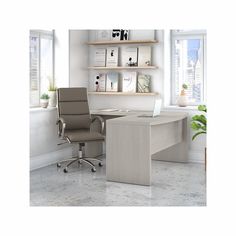 an office with a desk, chair and bookshelf