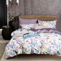 Purple Floral Birds Duvet Cover Set,Botanical Flower Plants Pattern Bedding Set.   "This pin contains affiliate links, which means I may earn a commission at no cost to you extra for you". 
 #affiliate #advertising"