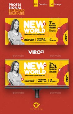 a set of three billboards with the words new world in yellow and red colors