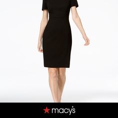 in stock Black Sheath Bodycon Dress For Work, Black Elastane Dresses For Work, Black Elastane Dress For Work, Black Elastane Workwear Dresses, Elegant Stretch Calvin Klein Dress, Elegant Fitted Calvin Klein Bodycon Dress, Solid Color Flattering Silhouette Bodycon Dress, Elegant Calvin Klein Bodycon Dress, Sheath Bodycon Dress For Workwear