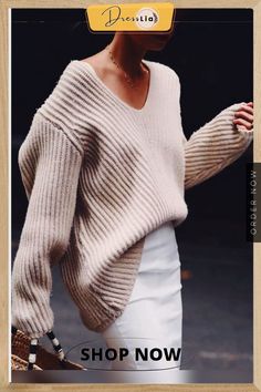 Knitted Casual V Neck Solid Sweater Cream Ribbed V-neck Knit Top, Neutral V-neck Sweater For Winter, Neutral V-neck Winter Sweater, Neutral V-neck Sweater For Fall, Fall Neutral V-neck Sweater, Cream Chunky Knit V-neck Sweater, White Chunky Knit V-neck Top, Chic Relaxed Fit Chunky Knit Top, Cream V-neck Chunky Knit Sweater