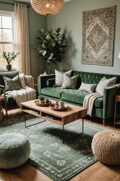 a living room with green couches and rugs