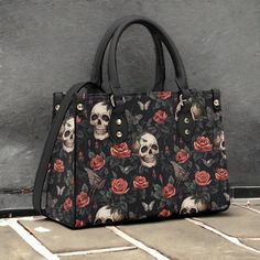 "Cottagecore Dark Roses Handbag, Witchy Skull Purse, Dark Cottagecore Bag, Organized Goblincore Bag for Witches, Vegan Leather Goblincore Bag * PU Main material for ladies fashion handbag tote bag * Smooth zipper and all over printing customized style * Main compartment design with two top handles maintains balance * Two Side pockets and with the shoulder strap stitched and immovable * White & Black color for different style with wearing outfits * Great gifts for girls and mom ,also good use for Gothic Skull Bag For Everyday Use, Rectangular Skull Print Bag For Halloween, Gothic Skull-shaped Bag With Skull Print, Everyday Halloween Skull Print Bags, Rectangular Shoulder Bag With Skull Print For Daily Use, Rectangular Skull Print Shoulder Bag For Daily Use, Everyday Tote Bag With Skull Print, Skull Print Tote Bag For Daily Use, Skull Print Shoulder Bag