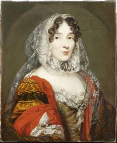 an old painting of a woman wearing a red dress and white headdress with a veil on her head