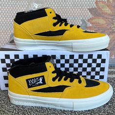 New In The Box Authentic Vans Men’s Skate Half Cab Bruce Lee Black/Yellow Vn0a5fcdy23 Sneakers Mustard High-top Sneakers For Streetwear, Yellow High-top Sneakers With Vulcanized Sole For Streetwear, High-top Yellow Skate Shoes For Streetwear, Urban Yellow Skate Shoes With Rubber Sole, Yellow High-top Skate Shoes For Streetwear, Yellow Urban Skate Shoes With Rubber Sole, Yellow Skate Shoes For Streetwear, Yellow Urban Skate Shoes For Streetwear, Yellow Sporty High-top Sneakers For Streetwear