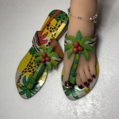 New Sandal Handcraft Painting Coconut Tree And Giraffe Leather Size 7 - 7.5 High Heel 1 3/8 “ New Never Used Made In Indonesia Coconut Tree, Women's Shoes Sandals, Shoes Sandals, High Heels, Coconut, Sandals, Yellow, Women Shoes, Heels