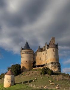 an old castle on top of a hill with sheep grazing in the grass below it