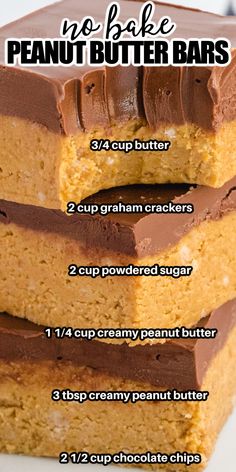 Stack of three no bake peanut butter bars No Bake Peanut Butter Bars, No Bake Peanut Butter, Lost 100 Pounds, Butter Bars, Dessert Bar Recipe, Peanut Butter Bars, Jello Shots, Cookie Bar Recipes, Peanut Butter Recipes