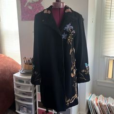 A Gorgeous Lined Embroidered Wool Black Coat With Branches Leaves Flowers And It’s Lined. Perfect For Fall Or Winter. Fitted Embroidered Black Outerwear, Fitted Black Embroidered Outerwear, Purple Blazer, Corduroy Coat, Embroidered Leaves, Leather Blazer Jacket, Chic Blazer, Peacoat Jacket, Embroidered Wool