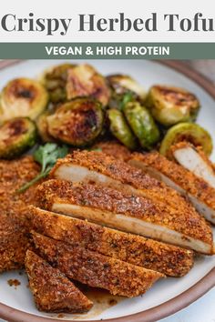 crispy herbed tofu on a plate with brussel sprouts