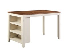 a white desk with shelves underneath it and a wooden top on an isolated white background