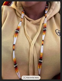 Made from Dentalium Shells, Buckskin Leather, Sinew, and 0/6 Glass Beads. Beaded Sunglasses Native Americans, Bone Bead Necklace, Beaded Necklace Designs, Bone Necklace, Beautiful Beadwork, Brick Stitch Earrings, Beaded Lanyards, Necklace Patterns, Earrings And Necklace