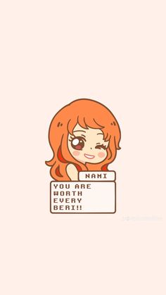 an orange haired girl holding a sign that says nami, the north very berry