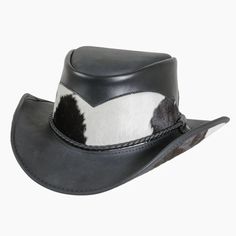 This exquisite Pinto leather cowboy hat offers the perfect combination of western and urban style. Its classic western outback brim, hair on calf mid crown, and brown three-braided band with a brown leather tab make for a sophisticated and timeless design. Whether you're looking to complete a cosmopolitan look or embrace your inner cowboy, this classic piece will always be en vogue. Featuring a super comfortable removable sweatband liner that attaches securely with velcro tabs sewn-in to the hat Western High Crown Top Hat For Ranch, Leather Fedora With Curved Brim For Country Events, Black Western Top Hat For Ranch, Black Western Style Top Hat For Ranch, Fitted Brown Western Top Hat, Leather Brimmed Fedora For Country Events, Leather Fedora For Country Events, Leather Wide Brim Fedora For Country Events, Fitted Leather Fedora Hat