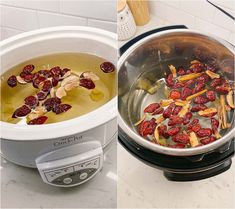 two pictures side by side one shows cranberries and the other shows food in an electric pressure cooker