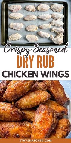 crispy seasoned dry rub chicken wings on a baking sheet with text overlay that says crispy seasoned dry rub chicken wings