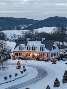 a white house with christmas lights on it's windows and trees in the snow