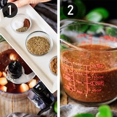 two pictures showing how to make homemade chili seasoning in a blender and then blending