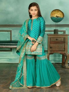 Stylish Dresses For Girls Kids Fashion, Kids Garara Design, Wedding Sharara Suit, Silk Sharara Suit, Wedding Sharara