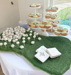 a table topped with lots of cupcakes on top of a lush green field