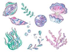 some watercolor drawings of sea life on a white background with blue and pink colors