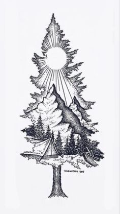 a drawing of a pine tree with mountains in the background and sun rising above it