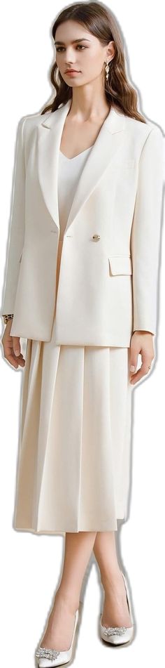 Classic White Pleated Skirt For Formal Occasions, Elegant Fitted White Pleated Skirt, Chic White Skirt Suit For Semi-formal Occasions, Chic White Tailored Skirt Suit, Chic Tailored White Skirt Suit, Elegant Cream Skirt, Chic White Formal Pleated Skirt, Classic White Pleated Skirt For Work, White Lined Pleated Skirt For Formal Occasions