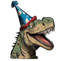 a dinosaur with a party hat on it's head