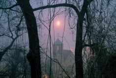 a foggy view of a building through some trees with the moon in the distance