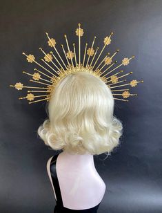 "Deep Gold Sun Crown, 5\" Gold Halo Crown Headpiece, High Quality Theatrical Costuming, Virgin Mary, Bridal Crown, Festival Wear, Burning Man A perfect halo crown just for you! This crown is lovingly handmade and very sturdy. Each spike is drilled into the headband and then anchored. Then I have carefully wrapped and woven them to be completely secured. These are not just stuck onto the top of the headband with glue. It is a long process to make these headbands perfect! This sun crown has crysta Gold Fitted Festival Headpiece, Fitted Gold Headpieces For Costume Party, Traditional Gold Headpieces For Carnival, Traditional Fitted Headpiece For Costume, Traditional Fitted Headpiece For Festivals, Queen Celestia, Virgin Mary Costume, Mary Costume, Sun Crown