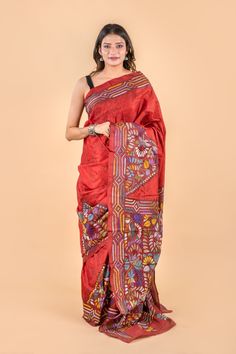 "Red multicolor thread Hand Embroidered reverse Kantha Stitch Saree with Blouse piece | Blended Bangalore Silk Saree | Kantha Hand Work / Party wear saree / kantha work Wedding wear saree, party wear saree, semi silk saree, hand embroidered saree, hand work saree. This is authentic hand embroidered Kantha Stitch Saree. The unique thread Kantha embroidery design is entirely handcrafted by our skilled artisans. The most significant aspect of hand embroidery is the running stitch pattern. The runni Saree Hand Work, Kantha Stitch Saree, Stitch Saree, Saree Party, Kantha Embroidery, Stitch Work, Party Wear Saree, Embroidered Saree, Kantha Work