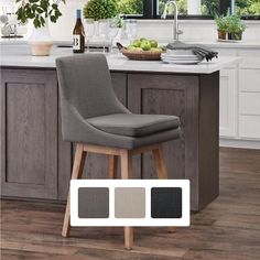 an image of a kitchen setting with grey chairs and white counter tops, along with the color swatches