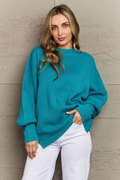 Side Slit Sweater in Turquoise – Via Vay Boutique Sweater Shirt Outfit, Turquoise Sweater, Slouchy Sweater, Crochet Tunic, Hem Blouse, Mock Neckline, Ribbed Neckline, Sleeved Romper, Turquoise Color