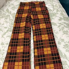 Urban Outfitters Bryn Flare Plaid Pants. Urban Outfitters High Waist Bottoms For Fall, Yellow Wide Leg Bottoms For Fall, Trendy Mustard Pants For Fall, Trendy High Waist Mustard Pants, Urban Outfitters Brown Cotton Bottoms, Urban Outfitters Yellow Cotton Bottoms, Yellow Cotton Bottoms From Urban Outfitters, Casual Brown Pants By Urban Outfitters, Yellow Cotton Bottoms By Urban Outfitters