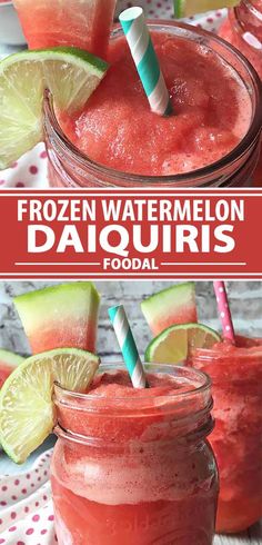 frozen watermelon daiquiris in mason jars with straws