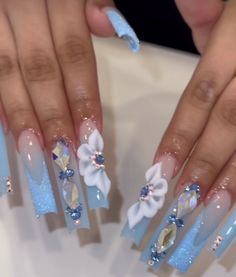 Cinderella Sweet 16 Nails, Quinceanera Cinderella Theme Nails, Sweet 16 Nails Acrylic Blue, Quince Nails Blue Butterfly, Winter Wonderland Quince Nails, Sky Blue Quince Nails, Light Blue Acrylic Nails Design Long, Light Blue Nails For Quinceanera, Latina Nail Designs Blue