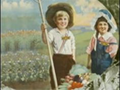 two children are standing in front of a painting with flowers on it and holding a stick