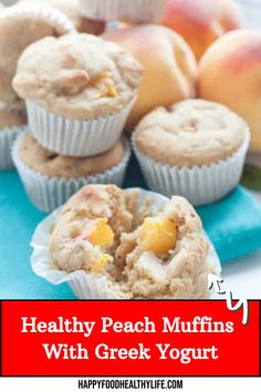 healthy peach muffins with greek yogurt are the perfect breakfast or snack