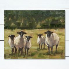 a painting of four sheep standing in a field