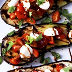 grilled eggplant with tomatoes, mozzarella and basil on a white plate