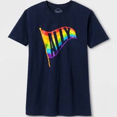 New Pride Gender Inclusive Adult 'Ally' Navy Short Sleeve T-Shirt Lgbtq Rainbow Sizing: Adult General Sizing Material: 100% Cotton Fit: Classic Fit Length: At Waist Garment Style: Short Sleeve, Pullover Neckline: Crew Item Style: Graphic Tees Garment Sleeve Style: Basic Sleeve Care And Cleaning: Machine Wash & Tumble Dry Rainbow Short Sleeve Top For Pride, Casual Rainbow Pride Tops, Casual Rainbow Top For Pride, Blue Cotton Top With Rainbow Print, Rainbow Print Graphic Tee For Pride, Pride Slogan T-shirt With Short Sleeves, Graphic Tee With Rainbow Print For Pride, Pride Slogan T-shirt Short Sleeve, Casual Pride Crew Neck T-shirt