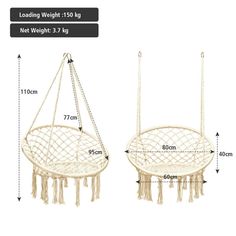 two hanging hammock chairs with tassels on each side and measurements for the size