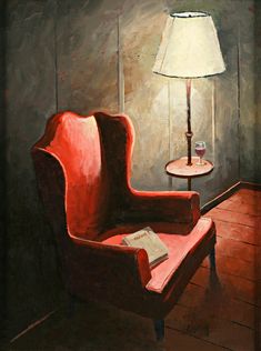 a painting of a red chair with a lamp on it and a table in the corner