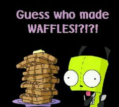 a cartoon character is looking at stacks of waffles with the caption guess who made it wafflest?