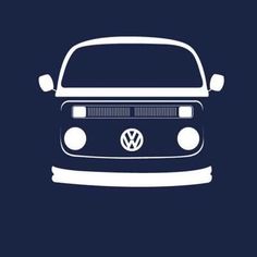 the front end of a vw bus on a dark blue background with white lettering